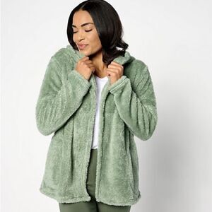 Denim & Co. Shimmer Sherpa Long Sleeve Open Front Jacket green Small NWT in pkg